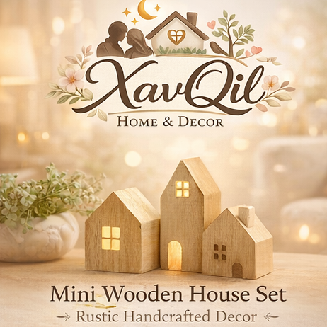 XavQil™ Mini Wooden House Set – Rustic Tabletop Decor, Nordic Style Home Accent, Shelf Decoration, Cozy Family Display