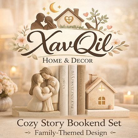 XavQil™ Cozy Story Bookend Set – Home Decor Book Holders, Family-Themed Design, Shelf Organizer, Warm Living Accent